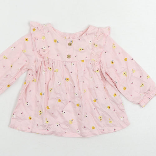 Marks and Spencer Girls Pink Floral Viscose Pullover Blouse Size 3-6 Months Round Neck Button