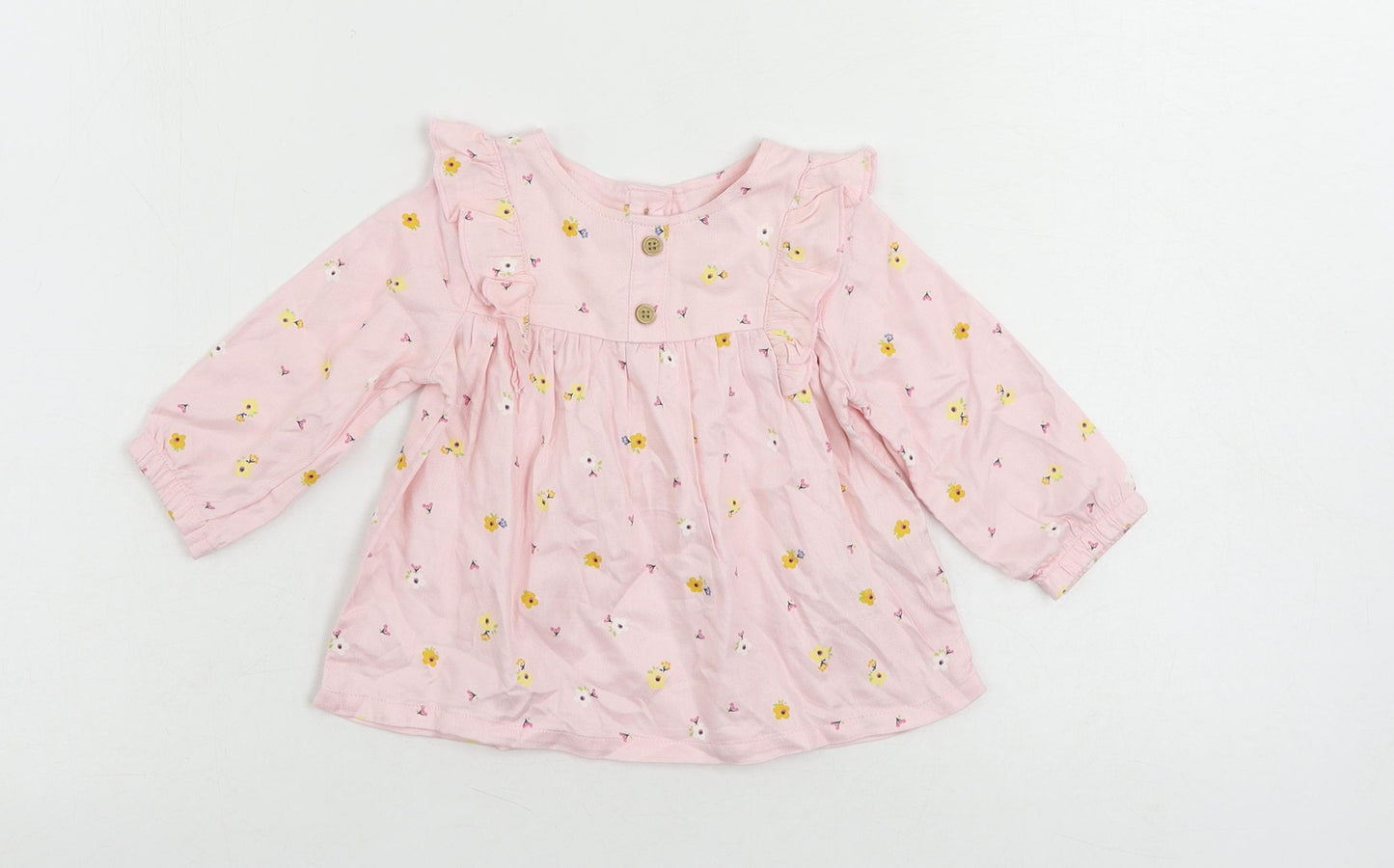 Marks and Spencer Girls Pink Floral Viscose Pullover Blouse Size 3-6 Months Round Neck Button