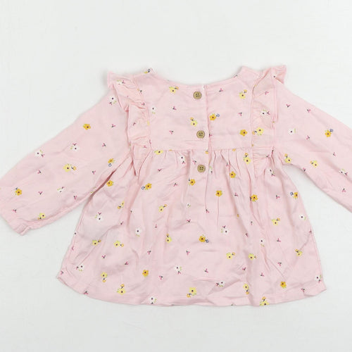 Marks and Spencer Girls Pink Floral Viscose Pullover Blouse Size 3-6 Months Round Neck Button
