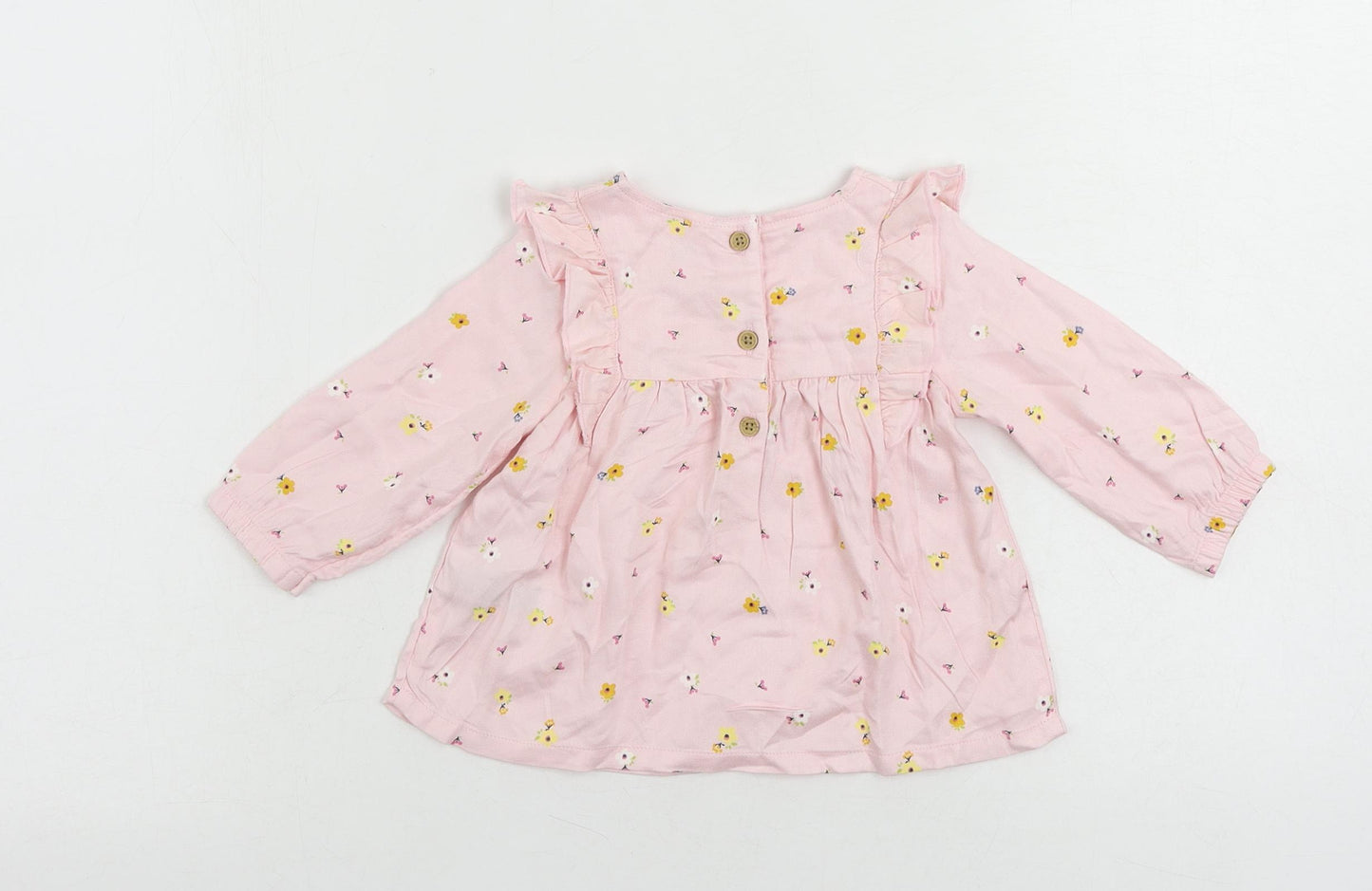 Marks and Spencer Girls Pink Floral Viscose Pullover Blouse Size 3-6 Months Round Neck Button