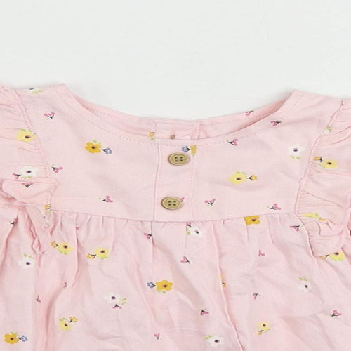 Marks and Spencer Girls Pink Floral Viscose Pullover Blouse Size 3-6 Months Round Neck Button
