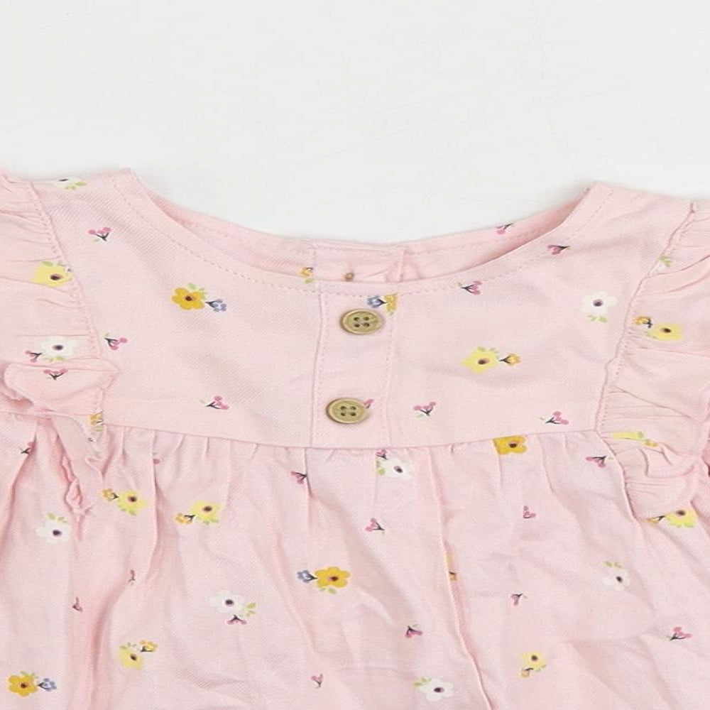 Marks and Spencer Girls Pink Floral Viscose Pullover Blouse Size 3-6 Months Round Neck Button