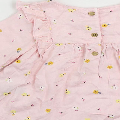 Marks and Spencer Girls Pink Floral Viscose Pullover Blouse Size 3-6 Months Round Neck Button