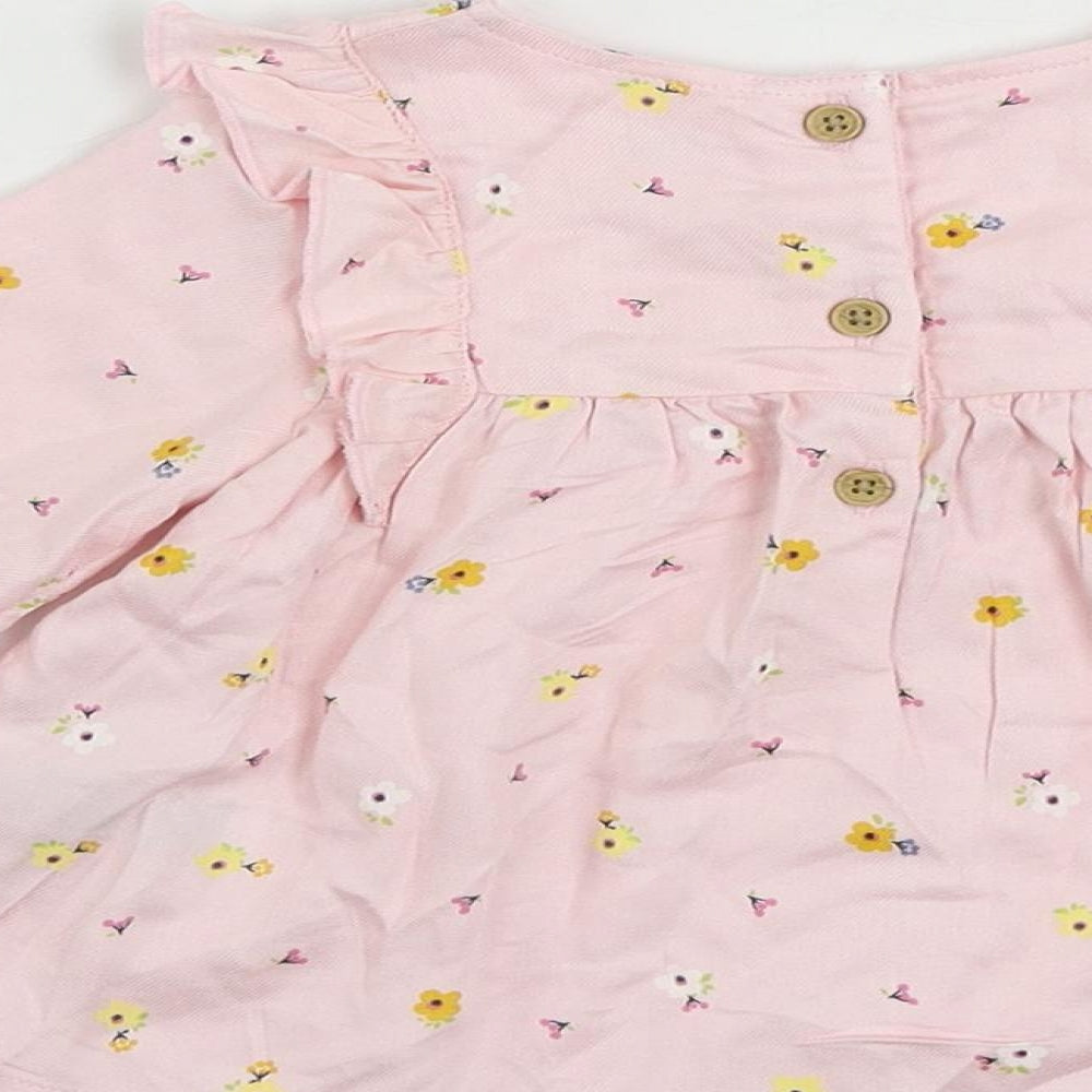 Marks and Spencer Girls Pink Floral Viscose Pullover Blouse Size 3-6 Months Round Neck Button