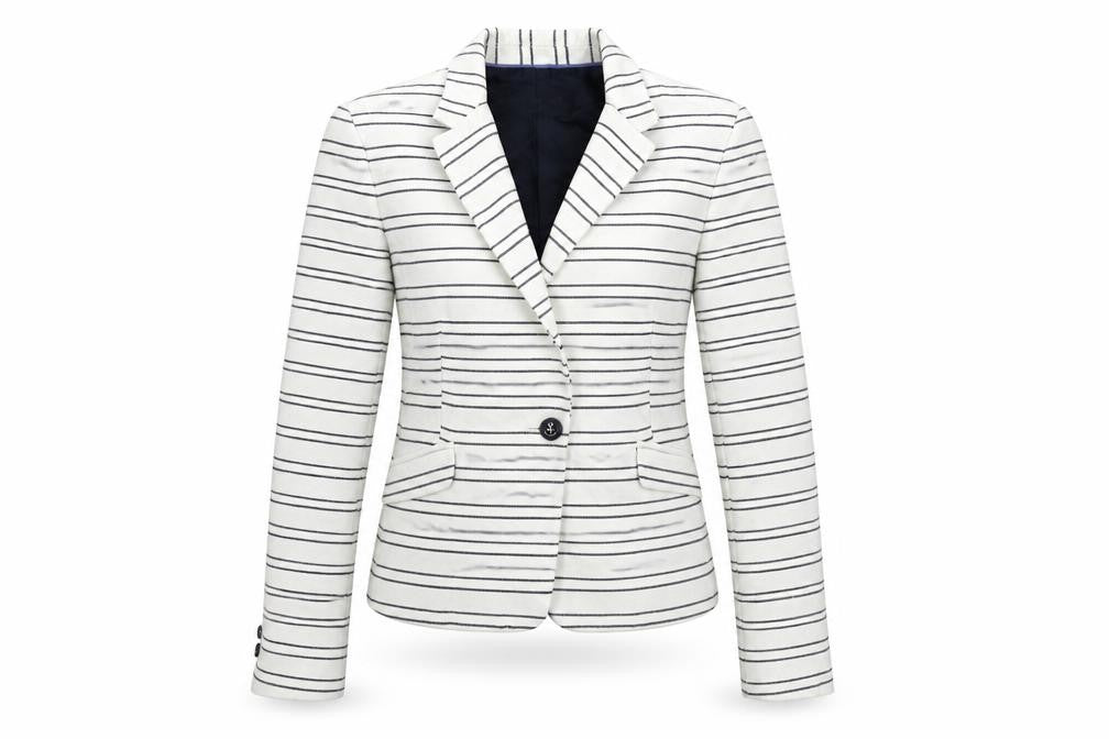 Front view of Zara women’s white striped jacket blazer, size M, button