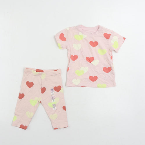 Marks and Spencer Girls Pink Geometric Cotton Trousers Set Outfit/Set Size 3-6 Months - Heart Pattern