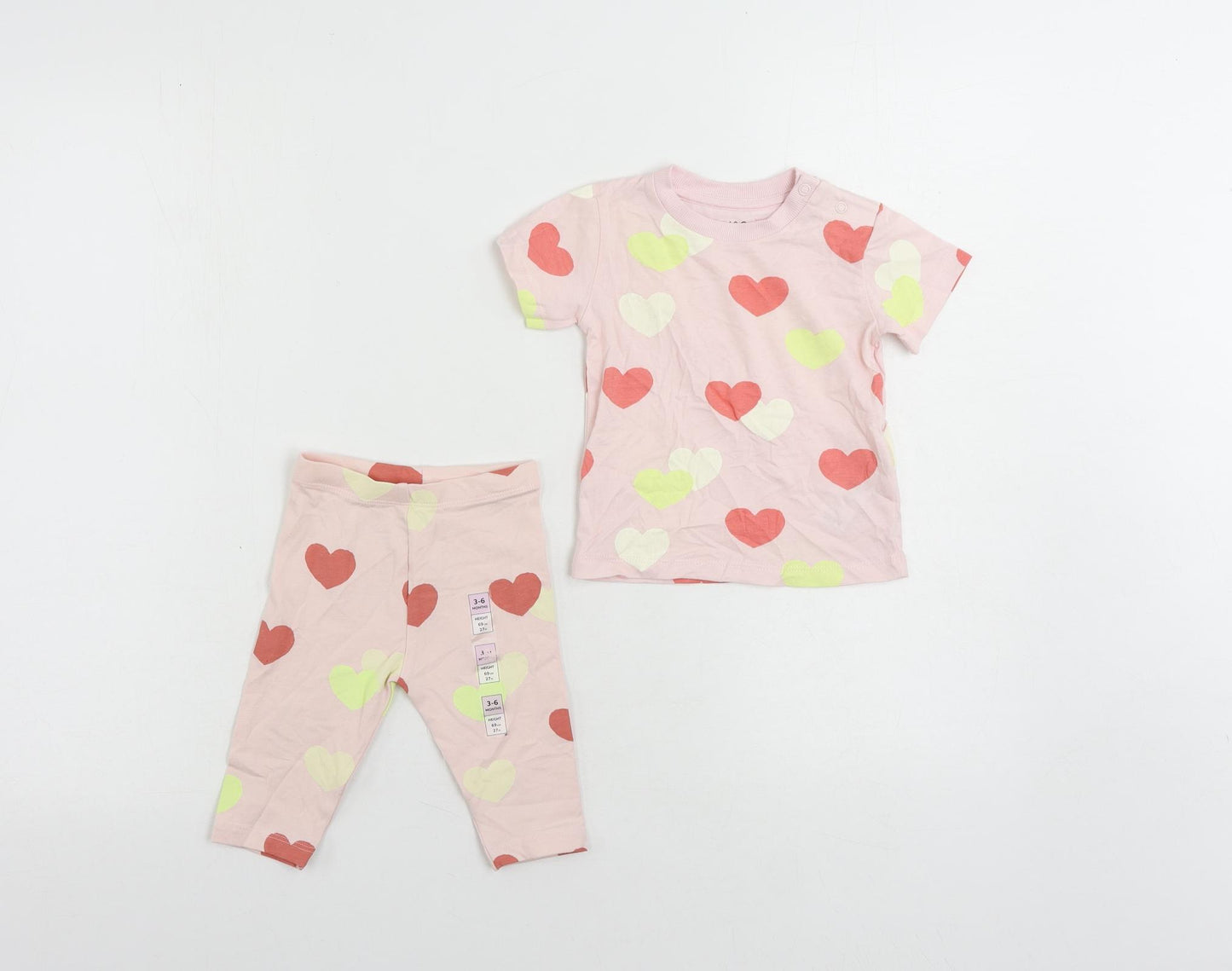 Marks and Spencer Girls Pink Geometric Cotton Trousers Set Outfit/Set Size 3-6 Months - Heart Pattern