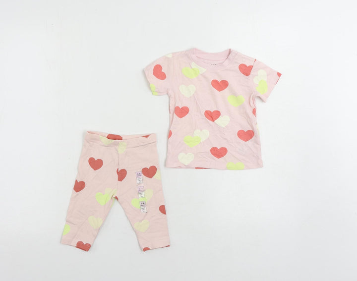 Marks and Spencer Girls Pink Geometric Cotton Trousers Set Outfit/Set Size 3-6 Months - Heart Pattern