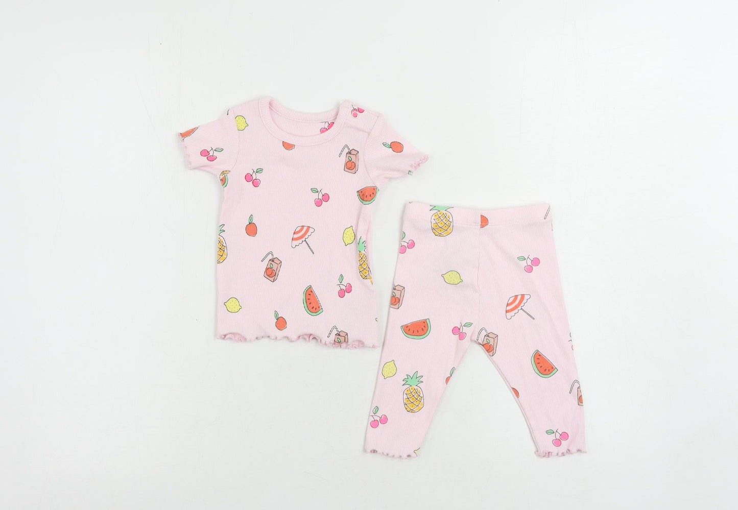 Marks and Spencer Girls Pink Geometric Cotton Trousers Set Outfit/Set Size 3-6 Months - Fruits