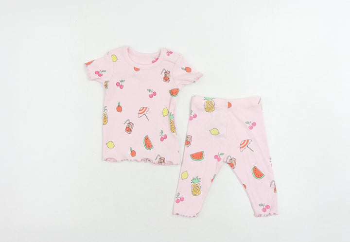 Marks and Spencer Girls Pink Geometric Cotton Trousers Set Outfit/Set Size 3-6 Months - Fruits