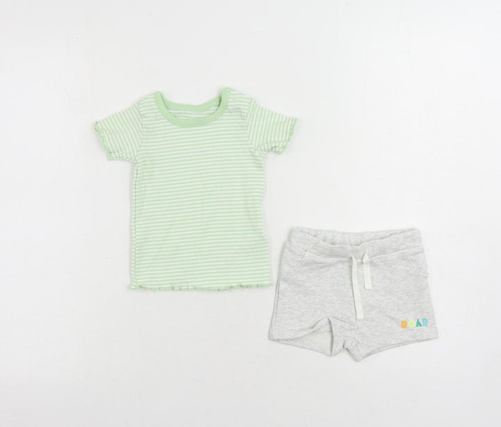 Marks and Spencer Baby Green Striped Cotton Shorts Set Outfit/Set Size 3-6 Months Pullover