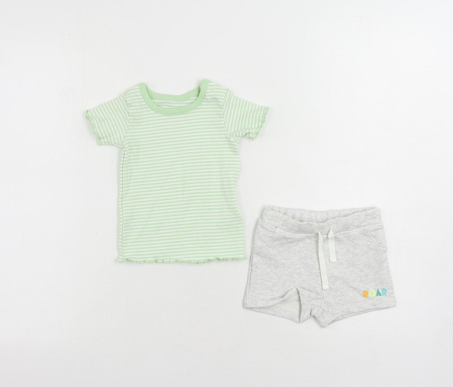 Marks and Spencer Baby Green Striped Cotton Shorts Set Outfit/Set Size 3-6 Months Pullover