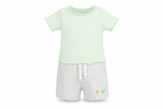 Front view of Marks & Spencer Baby Green Striped Cotton Shorts Set Outfit/Set, size 3-6, Months Pullover