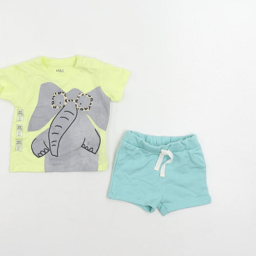 Marks and Spencer Baby Yellow Cotton Shorts Set Outfit/Set Size 0-3 Months Pullover - Elephant