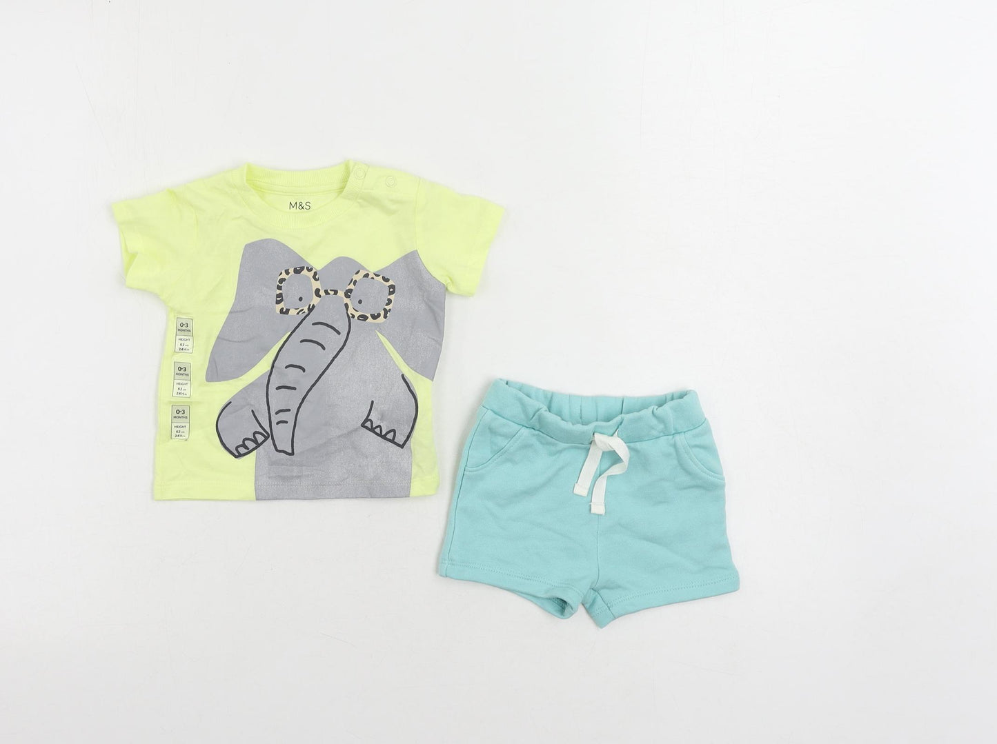 Marks and Spencer Baby Yellow Cotton Shorts Set Outfit/Set Size 0-3 Months Pullover - Elephant