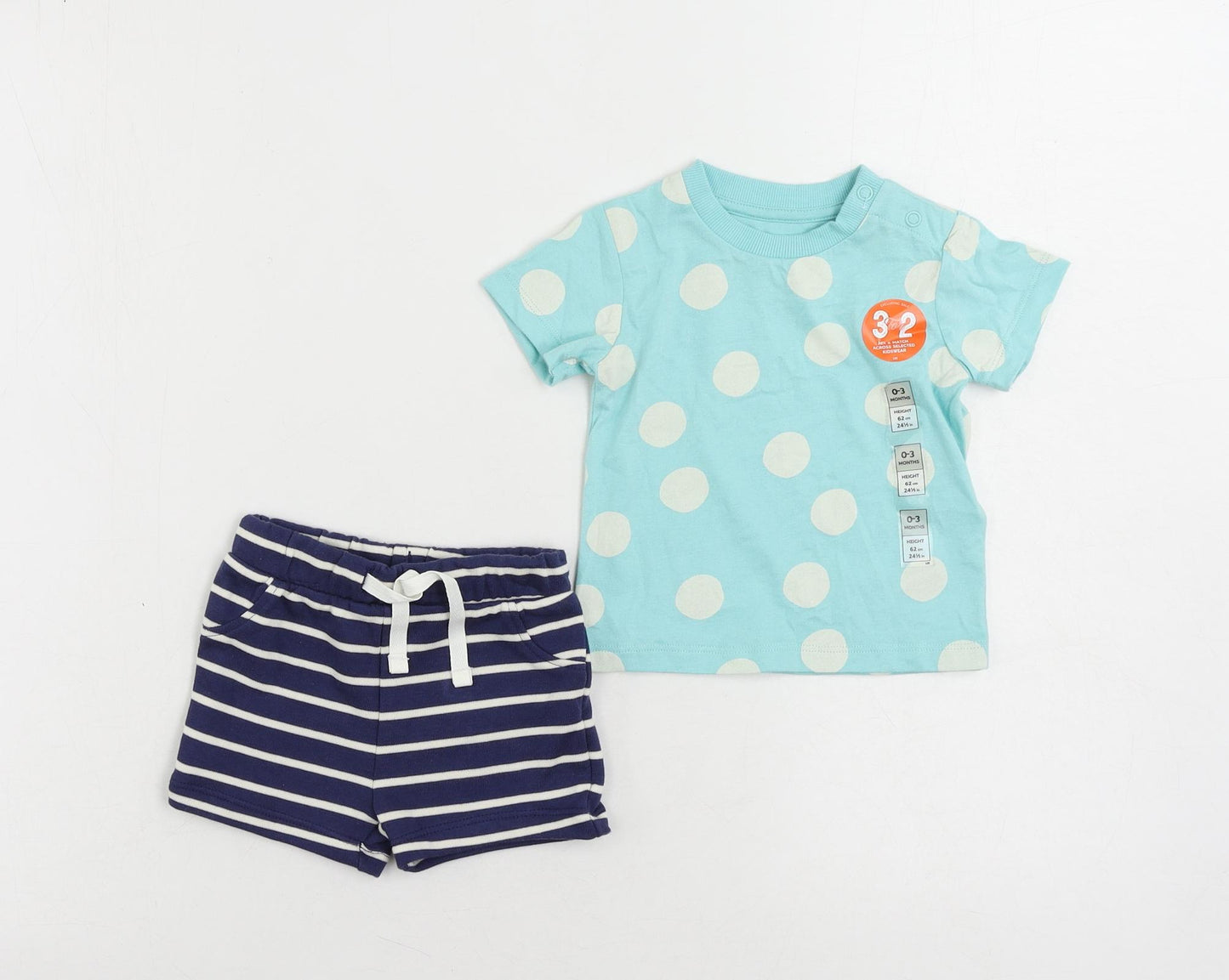 Marks and Spencer Baby Blue Polka Dot Cotton Shorts Set Outfit/Set Size 0-3 Months Snap