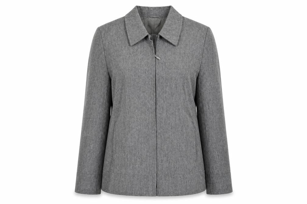 Front view of Jake's women’s grey jacket, size UK 14, zip