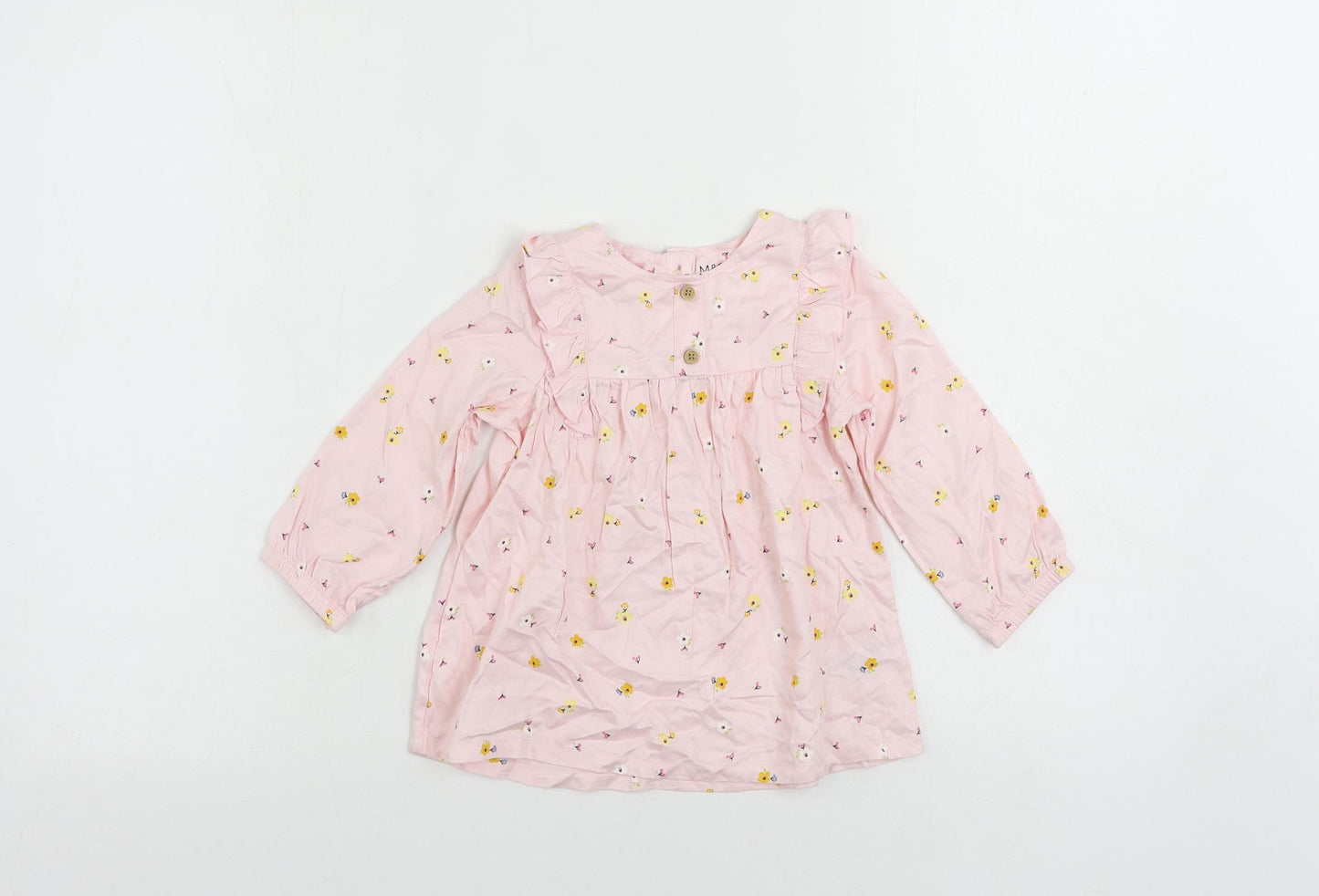 Marks and Spencer Girls Pink Floral Viscose Pullover Blouse Size 12-18 Months Round Neck Button