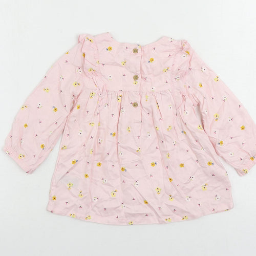 Marks and Spencer Girls Pink Floral Viscose Pullover Blouse Size 12-18 Months Round Neck Button