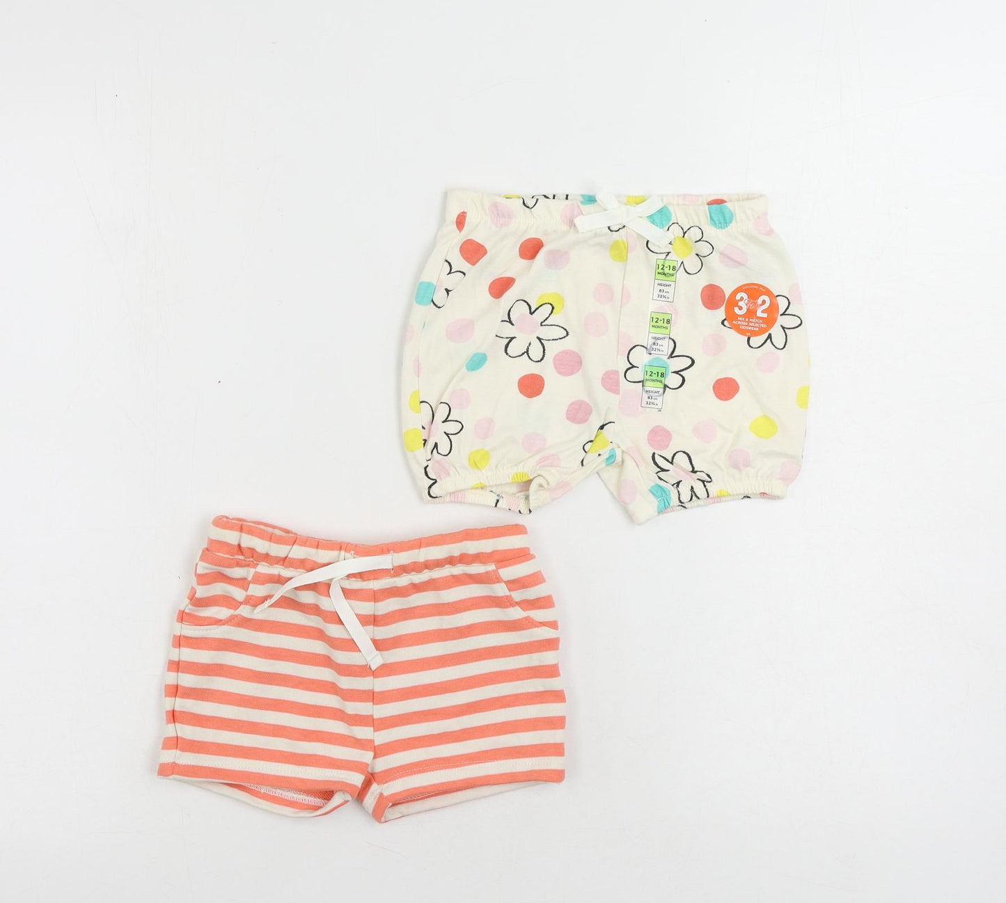 Marks and Spencer Baby Ivory Floral Cotton Cropped Trousers Size 12-18 Months Drawstring - Set