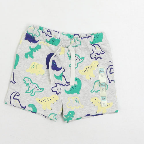 Marks and Spencer Baby Grey Geometric Cotton Cropped Trousers Size 9-12 Months Drawstring - Dinosaur Print