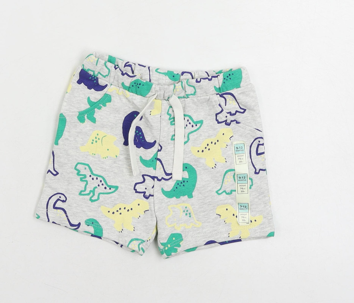 Marks and Spencer Baby Grey Geometric Cotton Cropped Trousers Size 9-12 Months Drawstring - Dinosaur Print