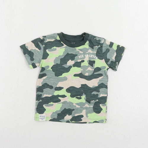 Marks and Spencer Baby Green Camouflage Cotton Pullover T-Shirt Size 6-9 Months Crew Neck Snap