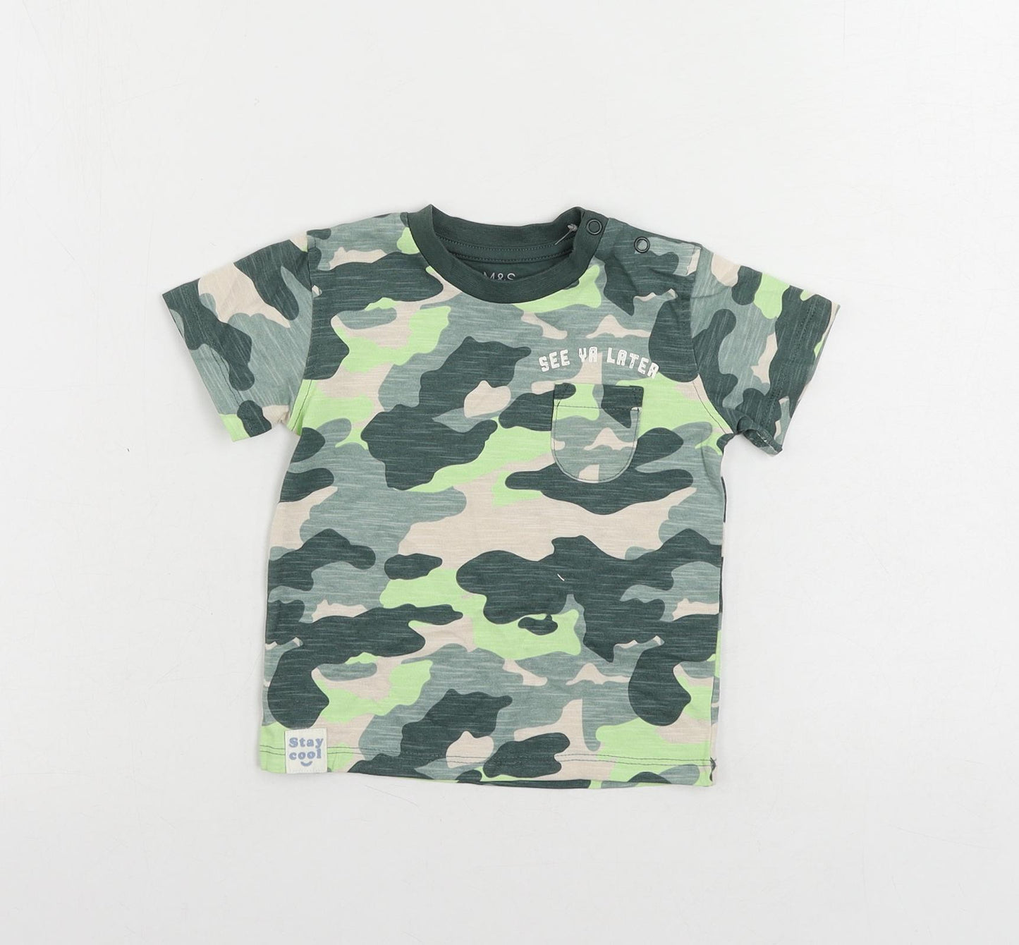 Marks and Spencer Baby Green Camouflage Cotton Pullover T-Shirt Size 6-9 Months Crew Neck Snap