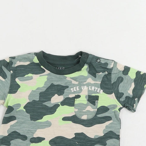 Marks and Spencer Baby Green Camouflage Cotton Pullover T-Shirt Size 6-9 Months Crew Neck Snap
