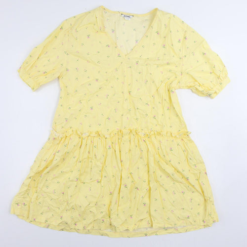 Monki Womens Yellow Floral Cotton A-Line Size S V-Neck Pullover