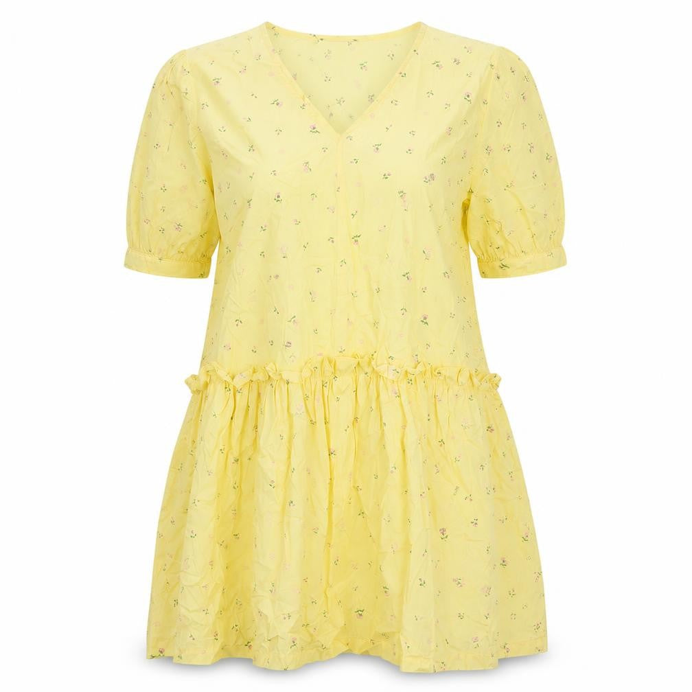 Front view of Monki women’s yellow floral cotton a-line, size S, v-neck pullover