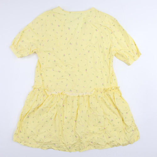 Monki Womens Yellow Floral Cotton A-Line Size S V-Neck Pullover