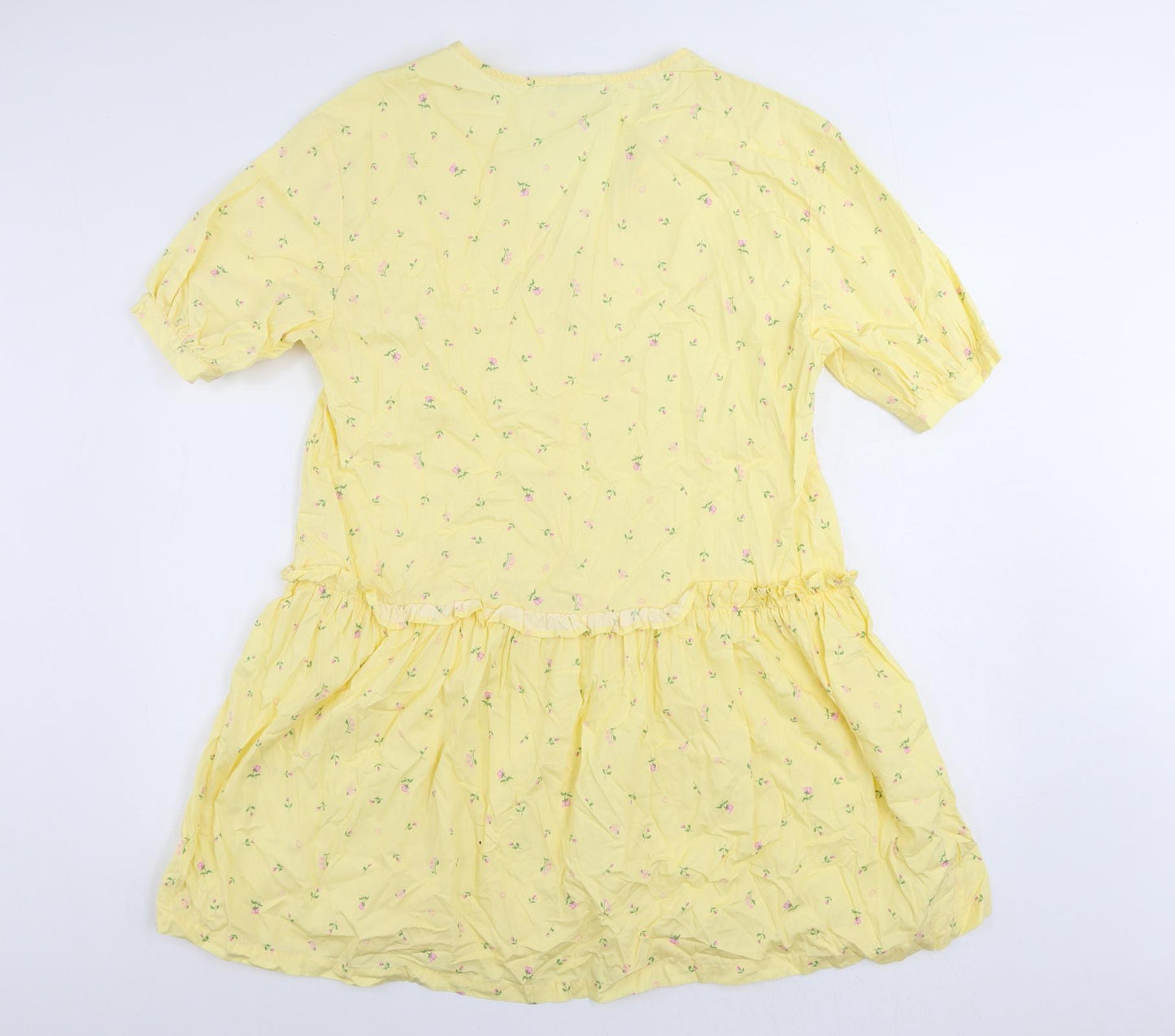 Monki Womens Yellow Floral Cotton A-Line Size S V-Neck Pullover