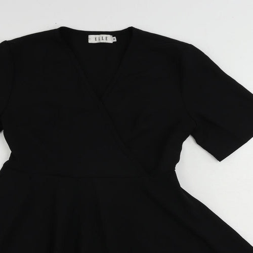 ELLE Womens Black Polyester Skater Dress Size M V-Neck