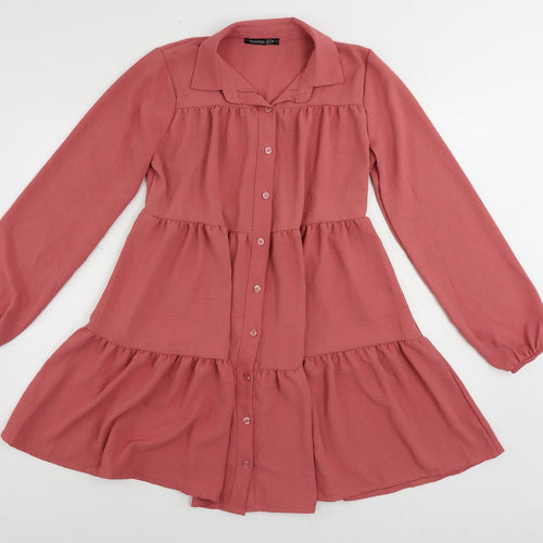 Boohoo Womens Pink Polyester Shirt Dress Size 8 Collared Button - Tiered