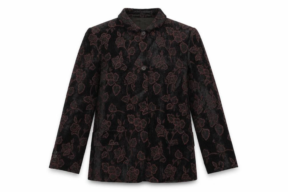 Front view of Adolfo Dominguez women’s purple floral jacket blazer, size UK 12, button