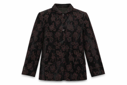 Front view of Adolfo Dominguez women’s purple floral jacket blazer, size UK 12, button