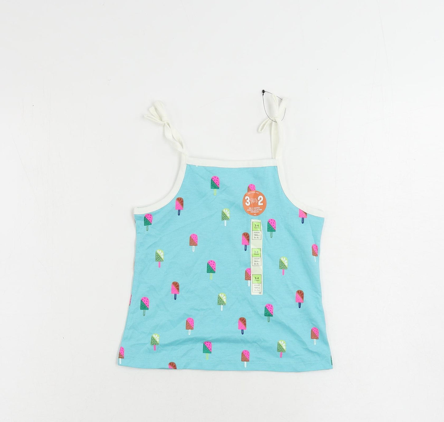 Marks and Spencer Girls Blue Geometric Cotton Camisole Tank Size 3-4 Years Square Neck Pullover - Ice Cream Print