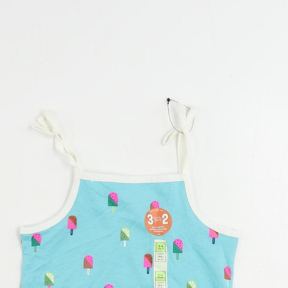 Marks and Spencer Girls Blue Geometric Cotton Camisole Tank Size 3-4 Years Square Neck Pullover - Ice Cream Print