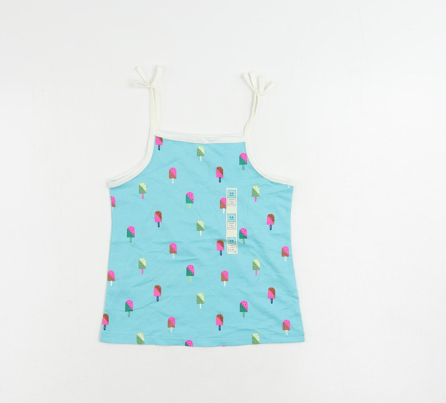 Marks and Spencer Girls Blue Geometric Cotton Camisole Tank Size 5-6 Years Square Neck Pullover - Ice Cream Print