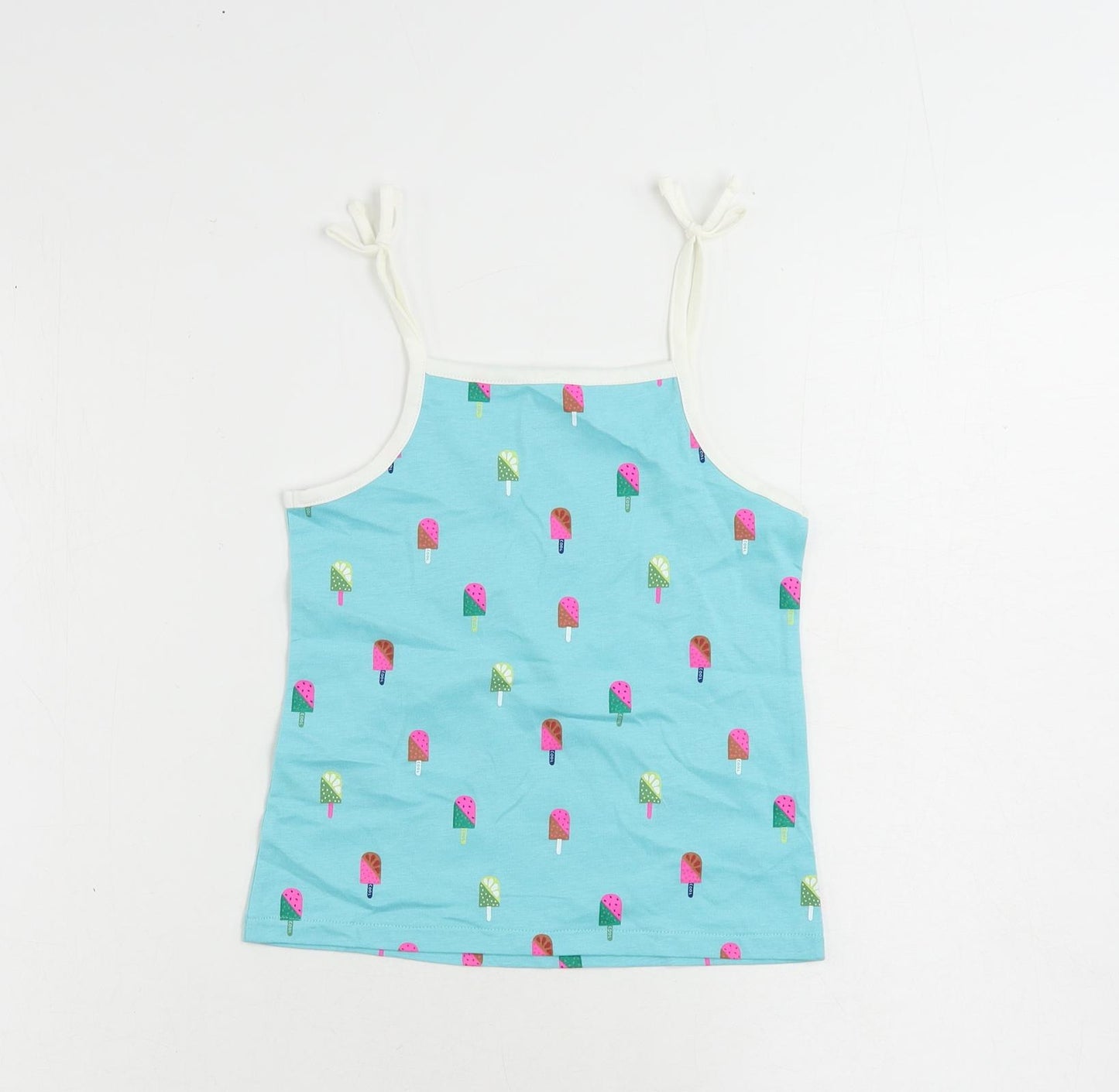 Marks and Spencer Girls Blue Geometric Cotton Camisole Tank Size 5-6 Years Square Neck Pullover - Ice Cream Print