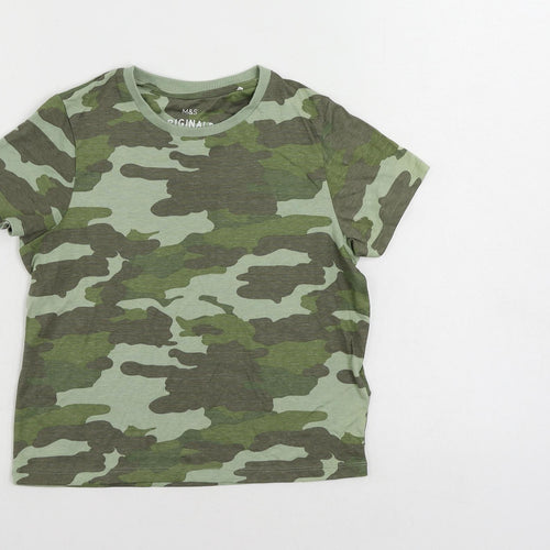 Marks and Spencer Boys Green Camouflage Cotton Pullover T-Shirt Size 8-9 Years Crew Neck Pullover