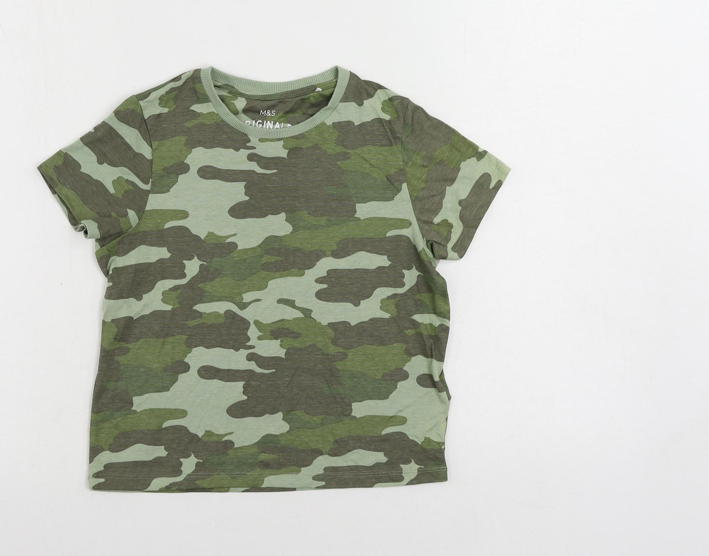 Marks and Spencer Boys Green Camouflage Cotton Pullover T-Shirt Size 8-9 Years Crew Neck Pullover