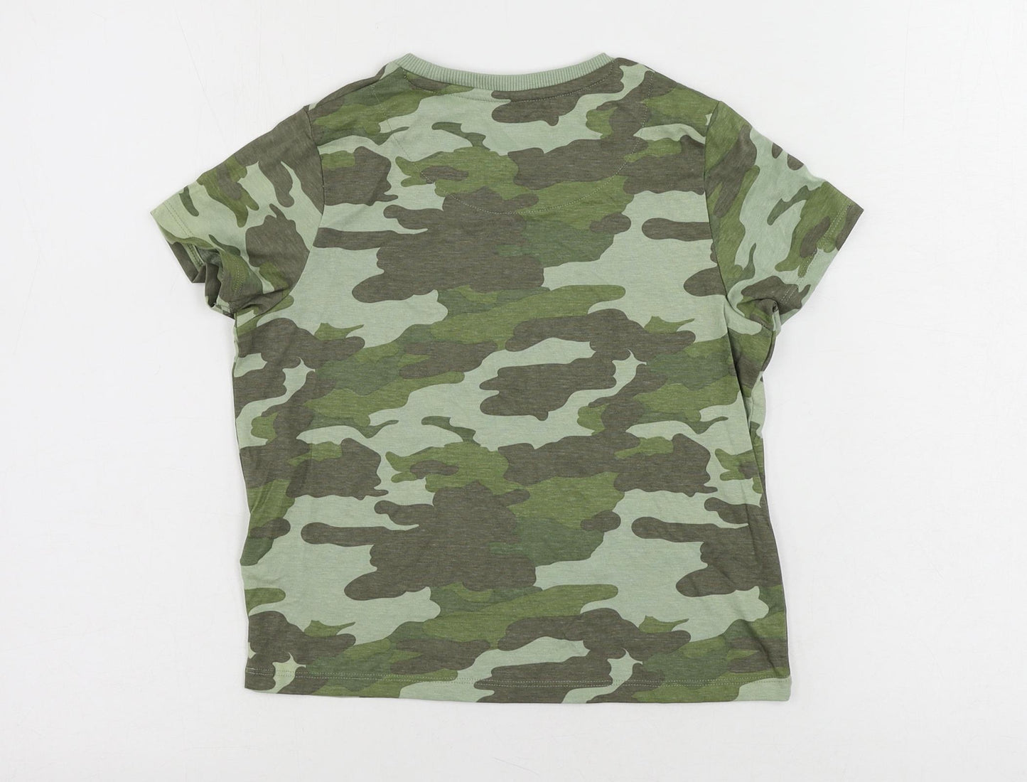 Marks and Spencer Boys Green Camouflage Cotton Pullover T-Shirt Size 8-9 Years Crew Neck Pullover