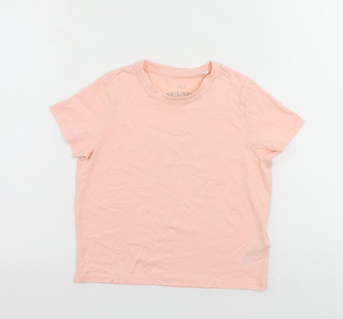 Marks and Spencer Girls Pink Cotton Basic T-Shirt Size 8-9 Years Crew Neck Pullover