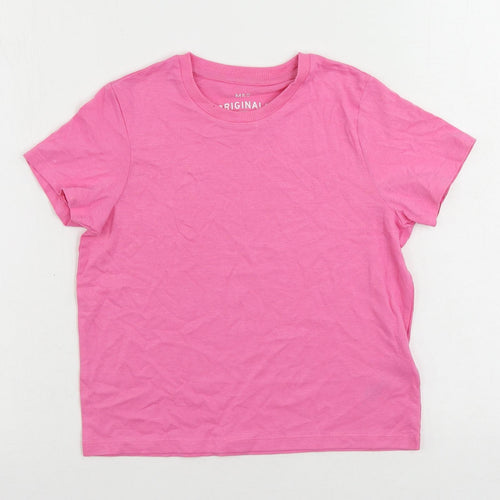 Marks and Spencer Girls Pink Cotton Basic T-Shirt Size 8-9 Years Crew Neck Pullover