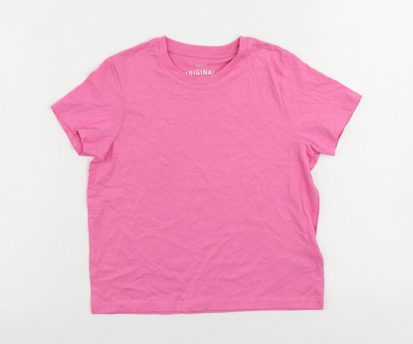 Marks and Spencer Girls Pink Cotton Basic T-Shirt Size 8-9 Years Crew Neck Pullover