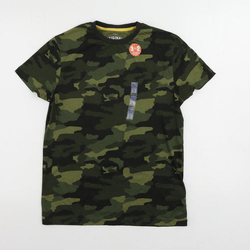 Marks and Spencer Boys Green Camouflage Cotton Pullover T-Shirt Size 12-13 Years Crew Neck Pullover