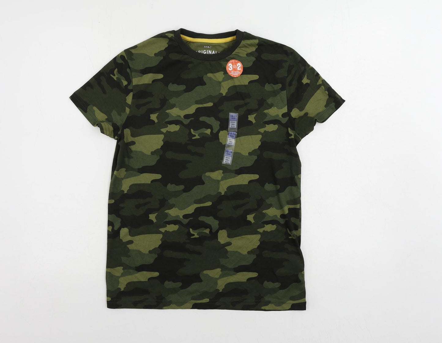 Marks and Spencer Boys Green Camouflage Cotton Pullover T-Shirt Size 12-13 Years Crew Neck Pullover