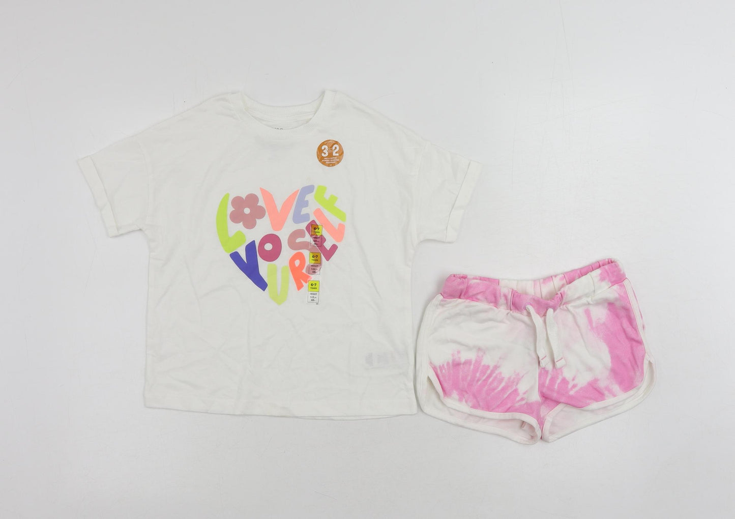 Marks and Spencer Girls White Cotton Pullover T-Shirt Size 6-7 Years Crew Neck Pullover - Tie Dye Shorts Set